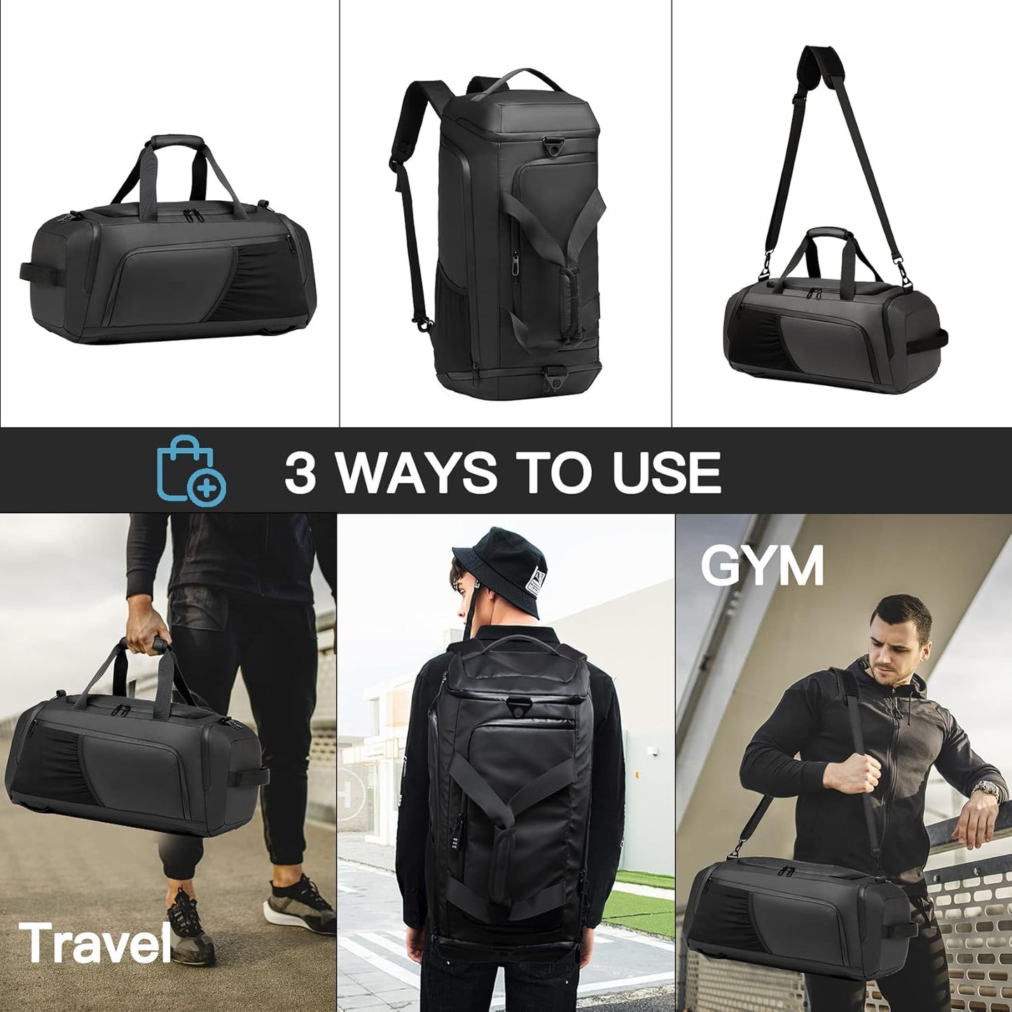Gym bag for Men with Shoes Compartment - 40L Duffle Bag for Travel with Wet Pocket,3 in 1 Waterproof Sports Bags and Gym Backpack with Water Bottle Holder, Black, Fashion business weekender Overnight