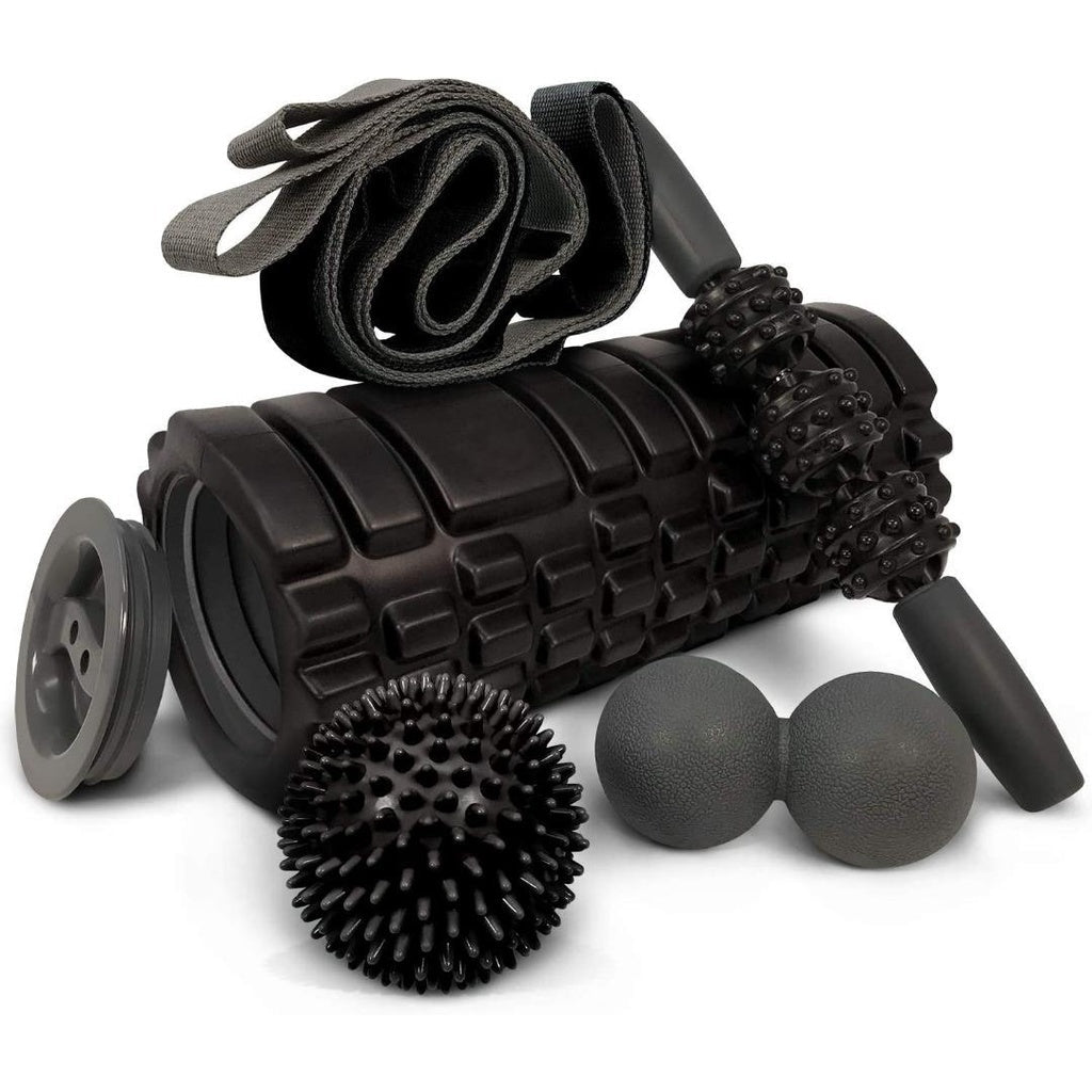 5 in 1 Foam Roller Set Includes Hollow Core Massage Roller with End Caps, Muscle Roller Stick, Stretching Strap, Double Lacrosse Peanut, Spikey Plantar Fasciitis Ball