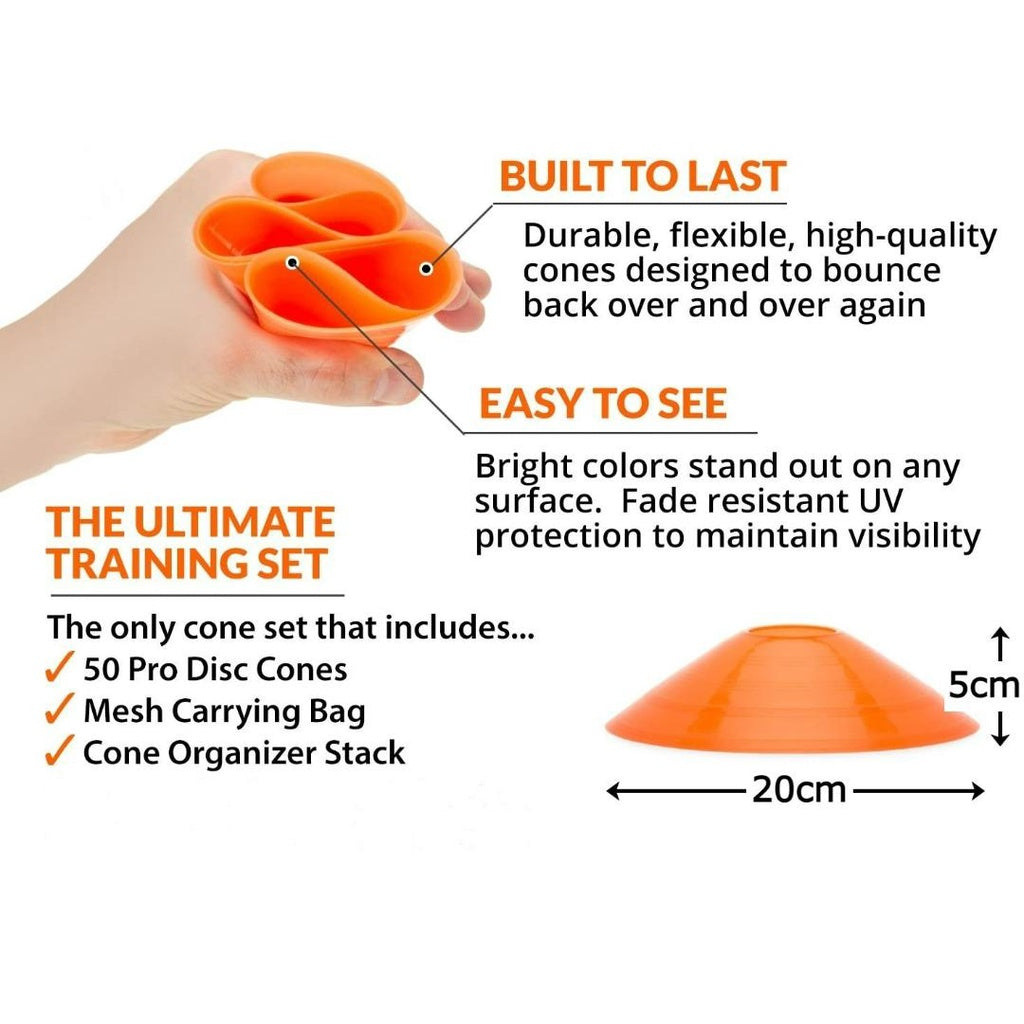 Pro Disc Cones (Set of 50) - Agility Soccer Cones with Carry Bag and Holder for Sports Training, Football, Basketball, Coaching, Practice Equipment, Kids