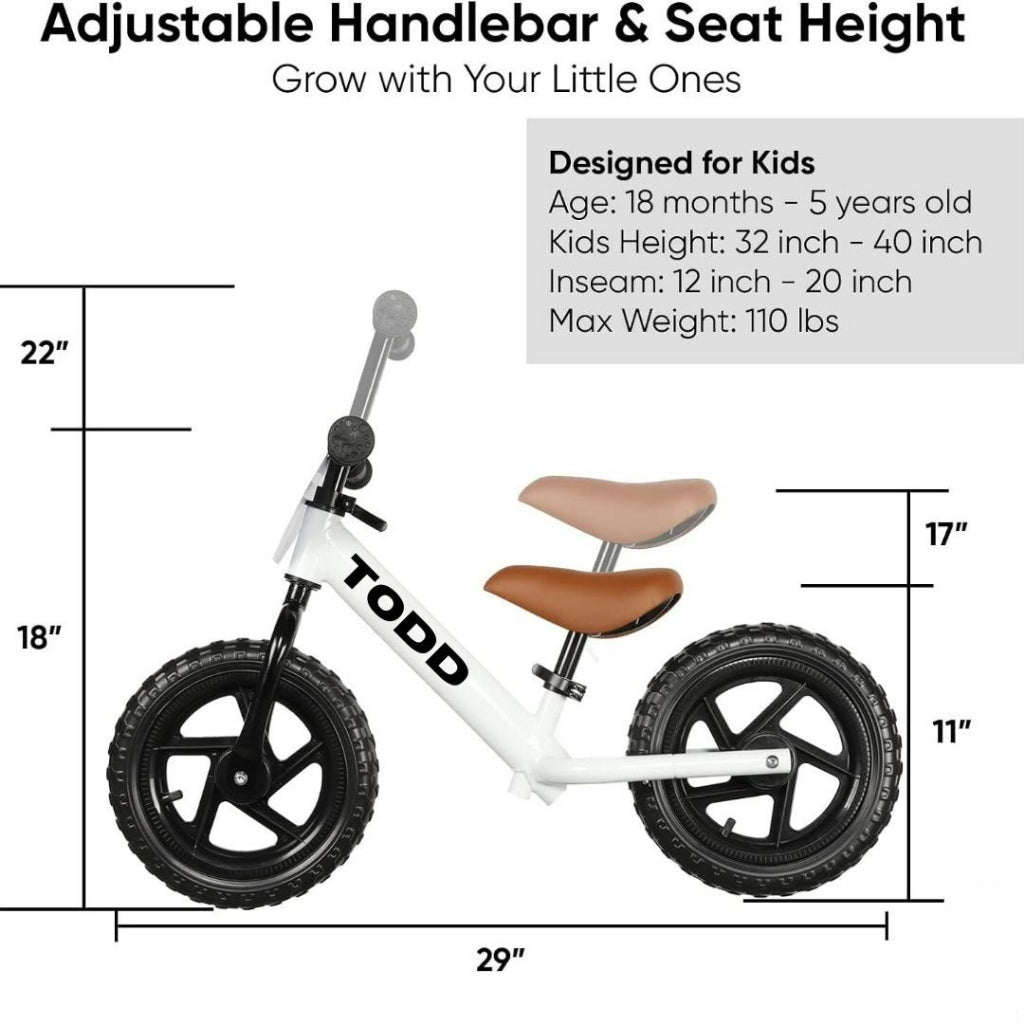Todd Toddler Balance Bike 2 Year Old, Age 24 Months to 5 Years Old, 12 Inch Push Bicycle, Steady Balancing