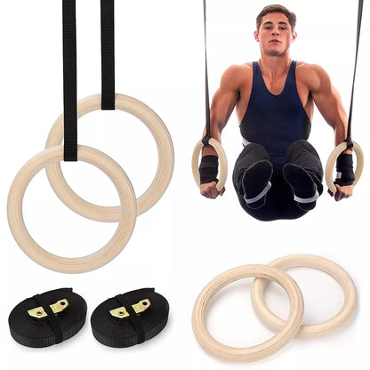 Wooden Gymnastic Rings(pair) Olympic Heavy Duty Adjustable Straps Pull Ups and Dips