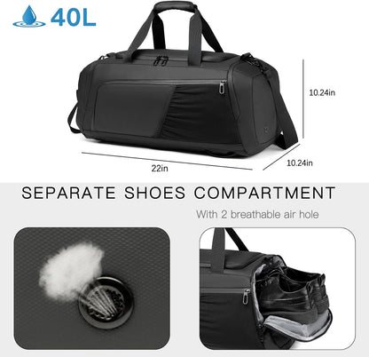 Gym bag for Men with Shoes Compartment - 40L Duffle Bag for Travel with Wet Pocket,3 in 1 Waterproof Sports Bags and Gym Backpack with Water Bottle Holder, Black, Fashion business weekender Overnight