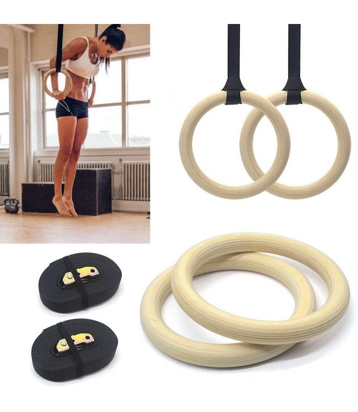 Wooden Gymnastic Rings(pair) Olympic Heavy Duty Adjustable Straps Pull Ups and Dips