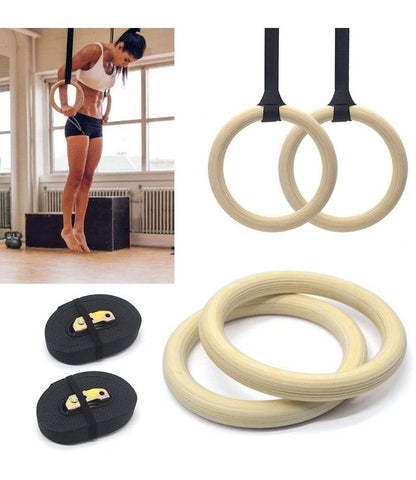 Wooden Gymnastic Rings(pair) Olympic Heavy Duty Adjustable Straps Pull Ups and Dips
