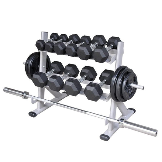 Pedon 2-TIER DUMBBELL RACK WITH SIDE WEIGHT PLATE STORAGE & BARBELL STORAGE