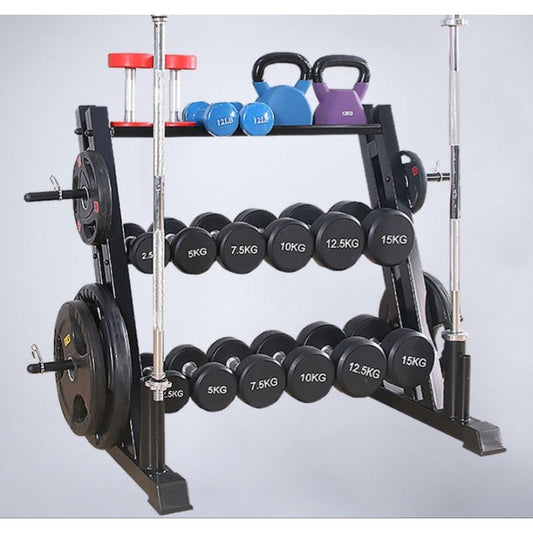 3 Tier Multi-Storage Dumbbell Rack Home Gym Fitness Workout Dumbbells Olympic Barbell Rack Crossfit Hexagon Dumbell Rack Rubber Bumper Weight Rack Kettlebell Rack