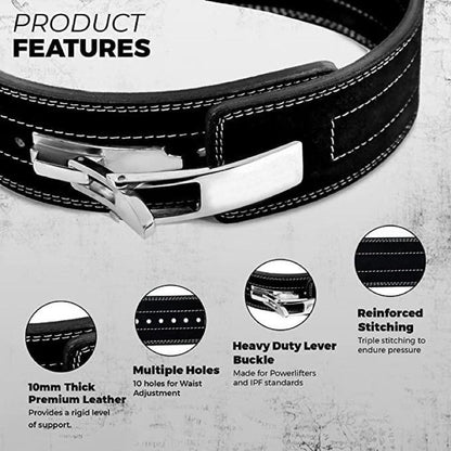 Lever Weight Lifting Leather Belt - 10mm Powerlifting Gym Belts for Men & Women