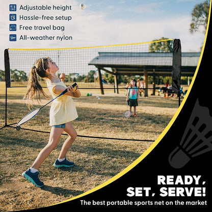 Badminton Pickleball Net - height adjustable portable net for junior tennis, kids volleyball & soccer, badminton racket