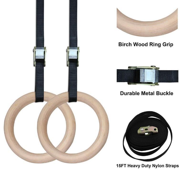 Wooden Gymnastic Rings(pair) Olympic Heavy Duty Adjustable Straps Pull Ups and Dips