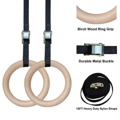 Wooden Gymnastic Rings(pair) Olympic Heavy Duty Adjustable Straps Pull Ups and Dips
